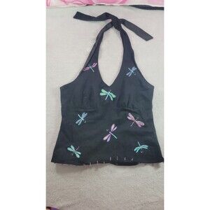 Vintage Bamboo Traders Y2K Dragonfly Beaded Halter Top Black Embroidered Medium